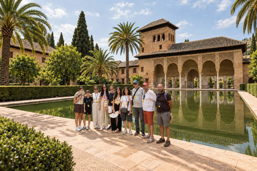 A walking group beside the long reflecting pool in a courtyard of the Alhambra in Granada.