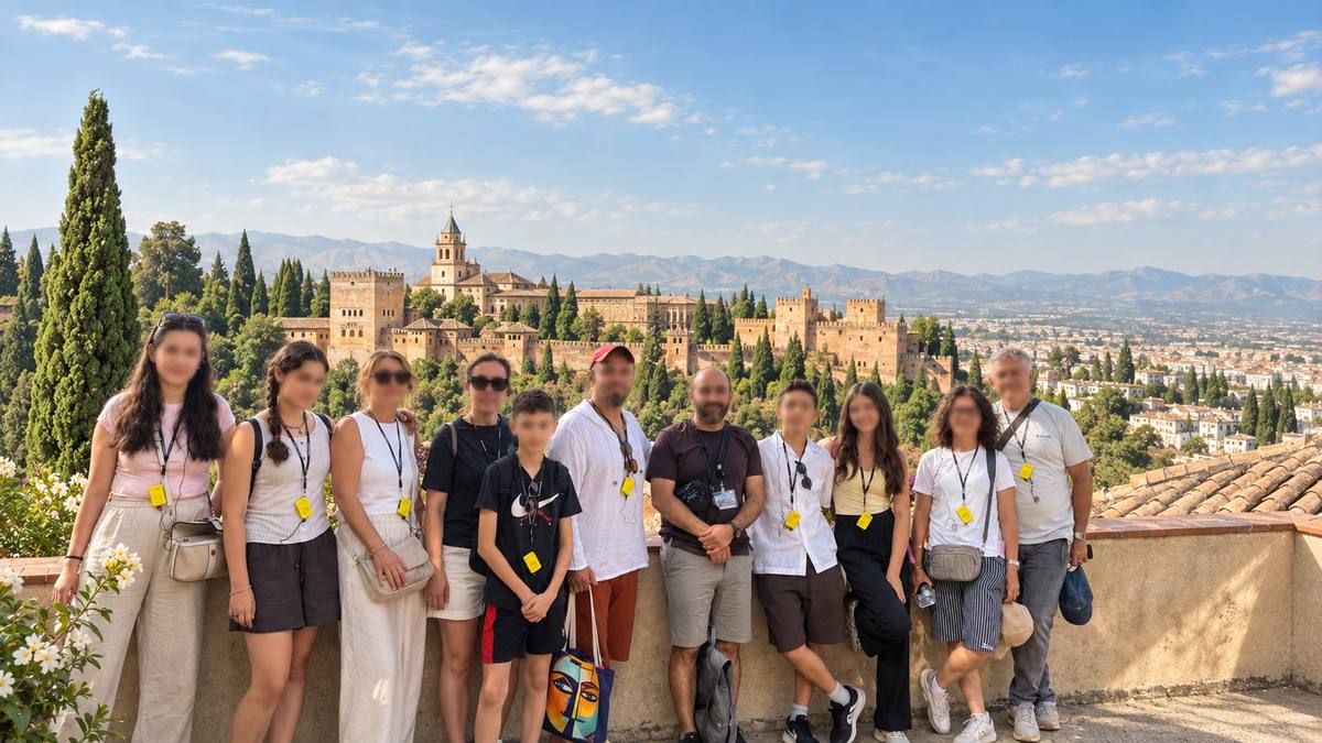 A walking group on a terrace above Granada, with the Alhambra and the Sierra Nevada behind them.