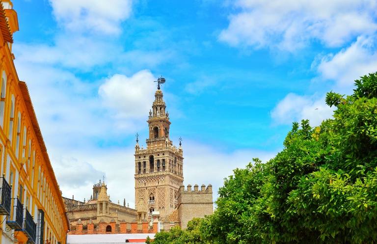 The Giralda rising above Seville Cathedral, framed by a yellow façade and green foliage under a blue sky.