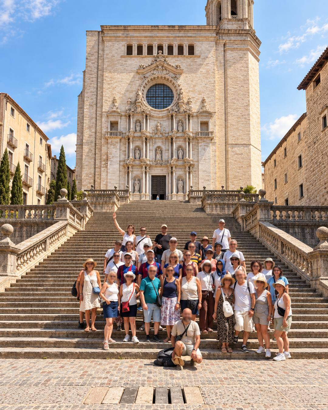 A walking group gathered at the foot of the cathedral steps in Girona.