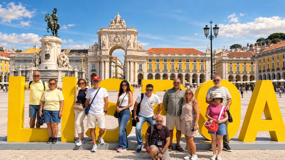 A walking group in Praça do Comércio in Lisbon, in front of the yellow Lisboa letters and the Rua Augusta Arch.