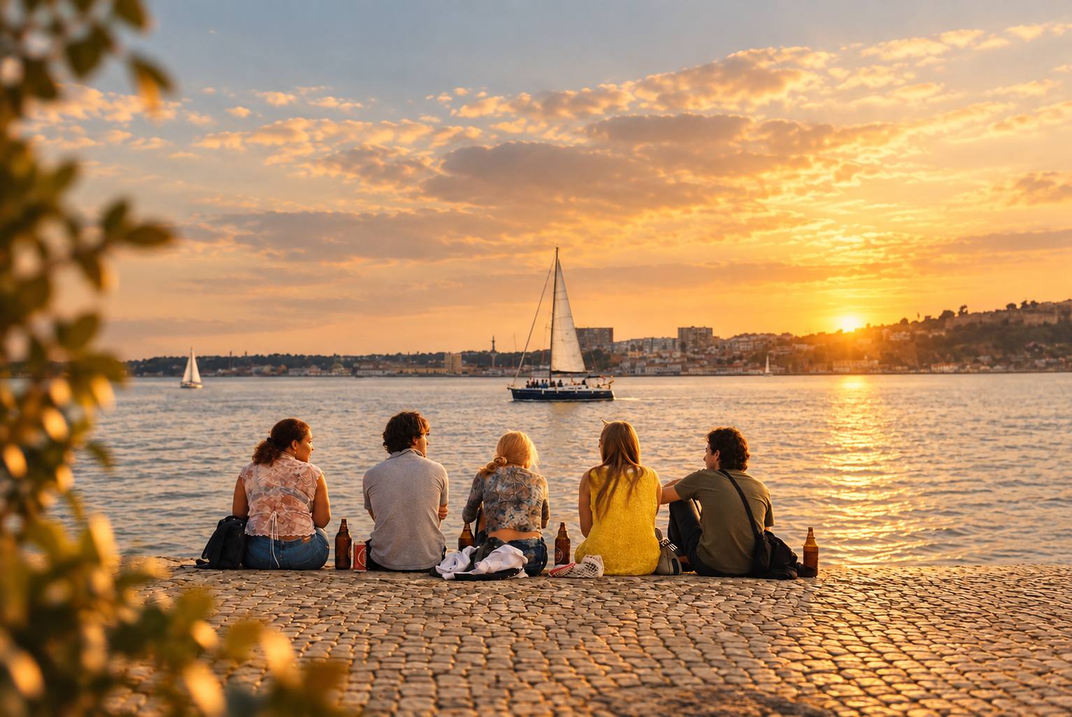 Four people sitting on a cobbled Lisbon waterfront at sunset, looking out to sailboats on the river.